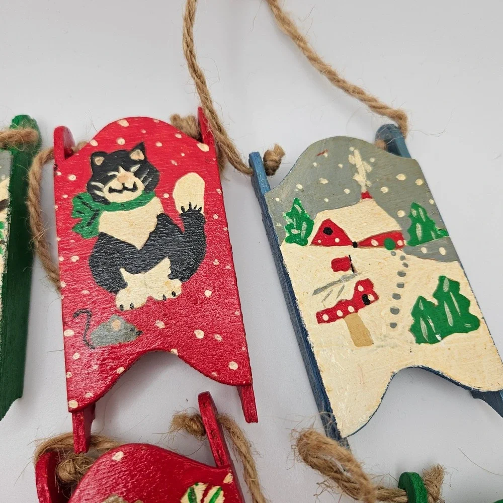 Vintage Hand Painted Wooden Sled Ornaments Lot of‎ 8 – Mini Christmas Sleds